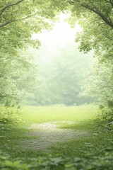 A serene sunlit forest pathway framed by lush green trees