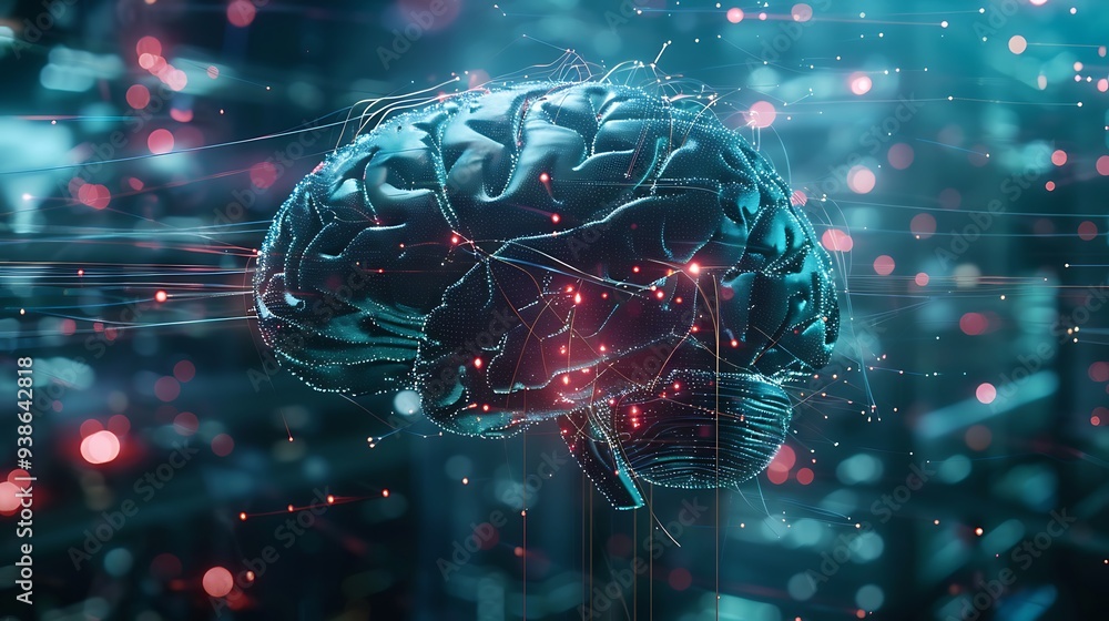 Poster digital illustration of a brain with a glowing neural network, representing the future of artificial