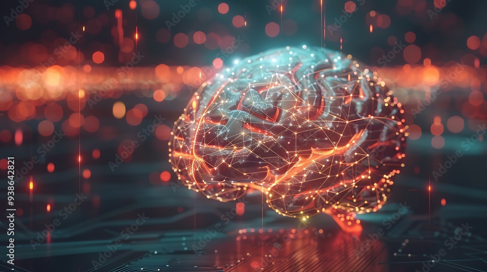 Poster 3d rendering of a digital brain with glowing network lines representing data connections and process