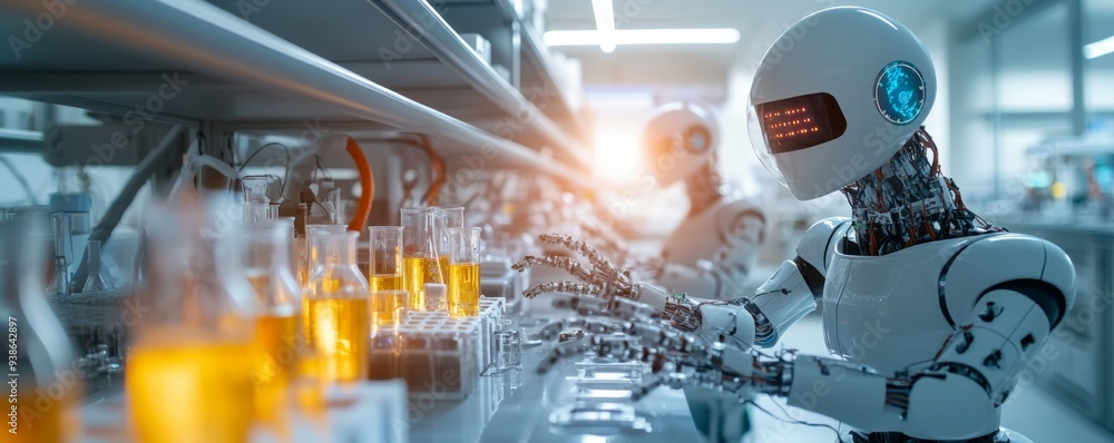 Poster futuristic robot working in a laboratory, interacting with glass containers filled with colorful liq