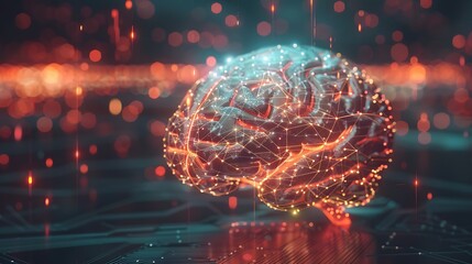 3D rendering of a digital brain with glowing network lines representing data connections and processing power.