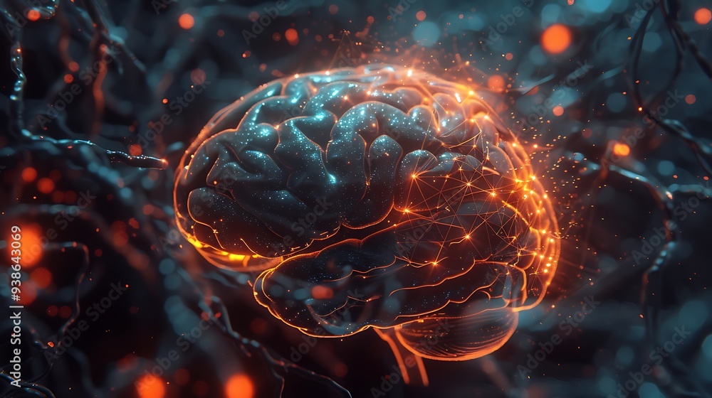 Poster abstract 3d rendered digital art of the human brain with a glowing neural network. the image evokes 
