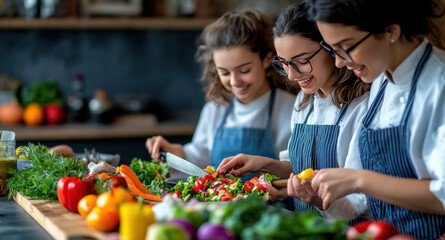 Three chefs skillfully prepare a vibrant salad in a kitchen filled with fresh ingredients and colorful vegetables.