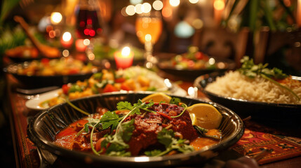 Fototapeta premium Vibrant Indian cuisine with appetizing presentation and beautiful lighting