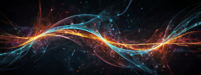 Fototapeta premium An abstract digital illustration of quantum particles in motion, with vibrant energy trails and entangled states represented by interlocking waves, floating in a dark void with copy space.