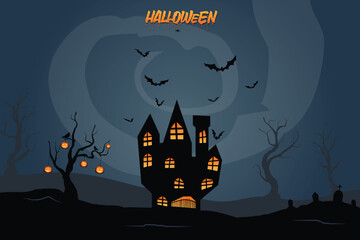 Halloween silhouette landscape illustration.