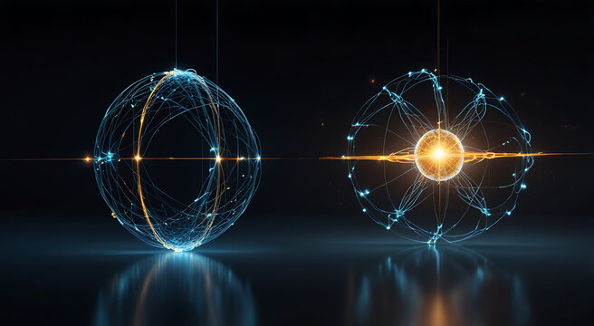 A conceptual representation of quantum entanglement, depicted as two mirrored particles connected by a glowing thread of light, floating in a vast, abstract space with copy space.