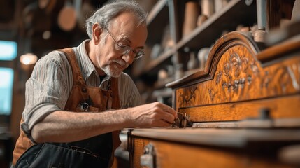 Obraz premium At home, my father is repairing furniture, carefully mending a broken piece with precision.