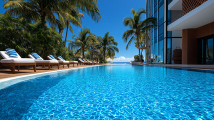 A contemporary resort swimming pool area with clear blue water and comfortable lounge chairs