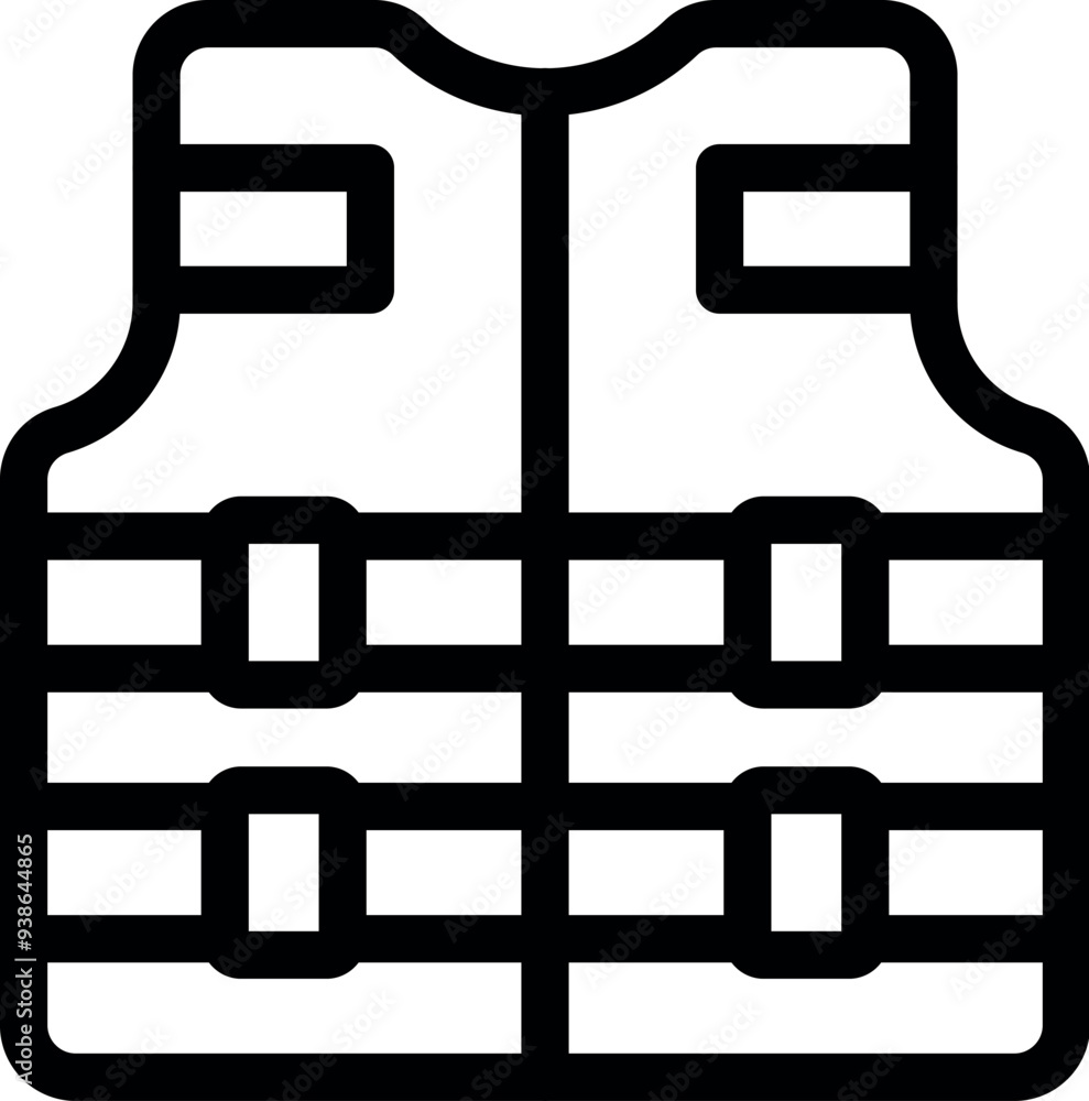 Poster simple black and white line art icon of a life jacket, essential safety equipment for boating, swimm