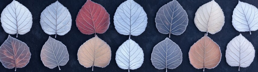 Obraz premium Frosty Autumn Leaves with Snow Dusting, seamless textures showcasing vibrant leaves and delicate snow, ideal for seasonal transitions, minimalist and festive background design