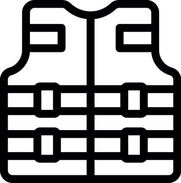 recommend clip art: Simple black and white line art icon of a life jacket, essential safety equipment for boating, swimming, and water sports