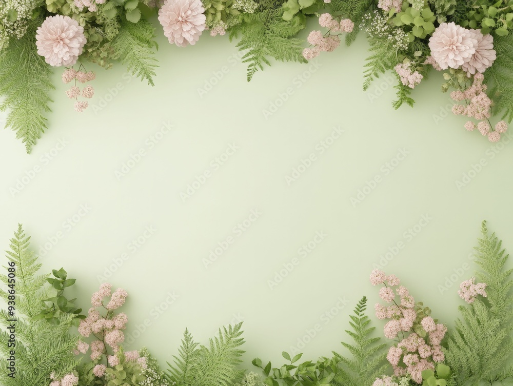 Canvas Prints An elegant arrangement of pink flowers and green ferns framing a light green background