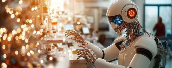 Futuristic robot interacting with technology in a modern lab, highlighting artificial intelligence and innovation.
