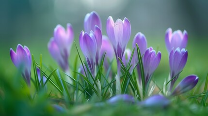 A close-up of a cluster of spring crocuses emerging through the fresh green grass. 