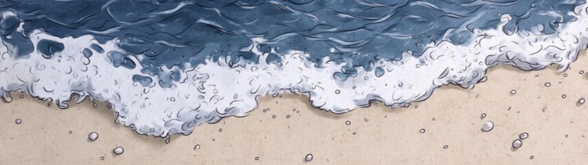 Frothy Ocean Waves on Sandy Beach, dynamic textures of crashing waves, fine bubbles on wet sand, invigorating coastal ambiance, perfect for refreshing backgrounds, minimalist design