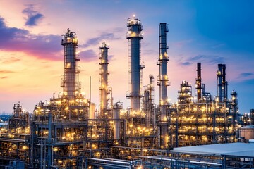 Obraz premium Petrochemical Plant Silhouetted Against Twilight Sky
