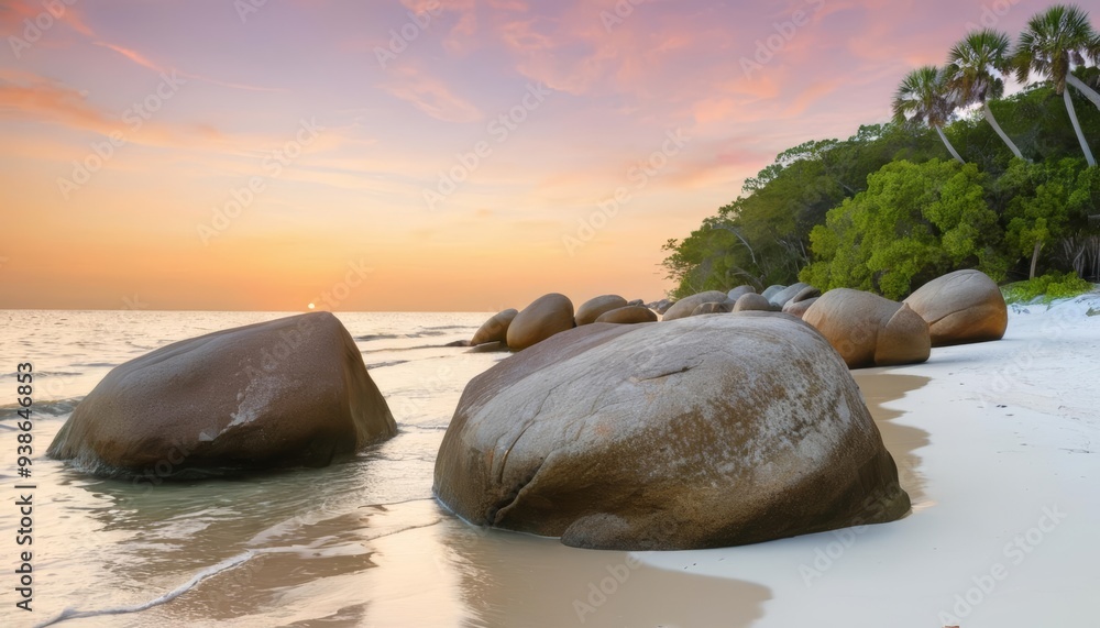 Wall mural tranquil beach sunset with unique rock formations