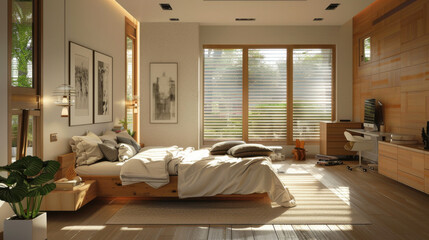 Obraz premium Well-organized bedroom with crisp, natural light