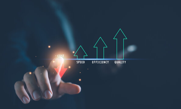 Cost reduction concept. Cost and quality control, business strategy and project management. Businessman with quality control growth graph, cost reduction, effective business and cut budget.