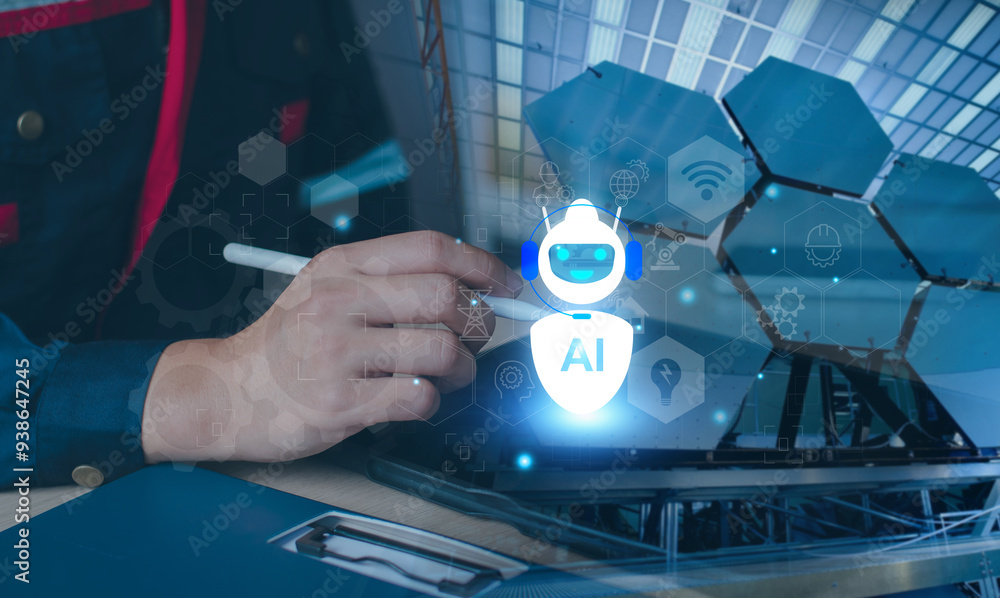 Poster industry 4.0, ai, smart industry factory, industrial revolution, engineer use ai interface record an