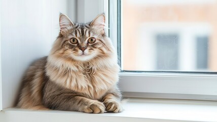 A fluffy cat rests on a windowsill, gazing outside with curiosity and warmth in a cozy indoor setting.