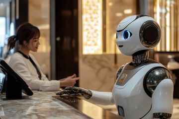 A humanoid robot assisting a guest at a hotel reception desk, enhancing hospitality services. The robot is sleek and modern, interacting with the guest by providing information and checking in