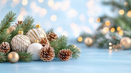 A festive arrangement of Christmas ornaments and pinecones on a soft blue background with sparkling bokeh lights.
