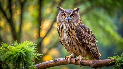 Obraz premium Majestic eagle owl perched on a tree branch, eagle owl, bird, predator, wildlife, nocturnal, raptor, beautiful, plumage