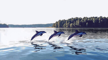 Fototapeta premium Three dolphins are showing their elegance and agility jumping over water surface