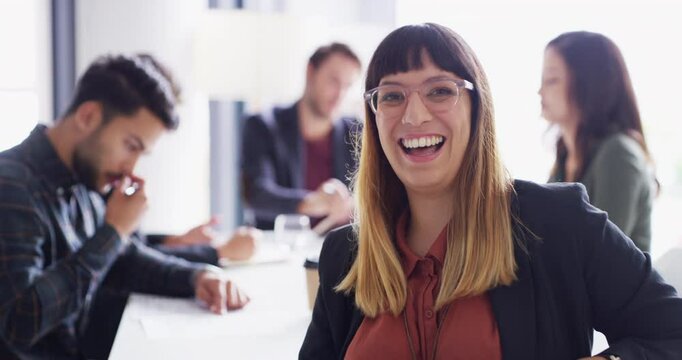 Laughing, woman and business face in office meeting for global financial company, teamwork and collaboration. Funny, happy and portrait od finance analyst in boardroom for group investment workshop