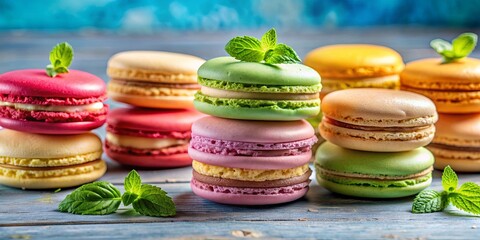 Elegant and colorful macaron food recipe photography featuring a variety of beautifully presented desserts , macarons