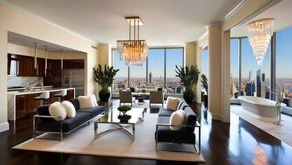 Fototapeta premium Luxury penthouse hotel room with stylish, chic, and modern interior design, Generative AI