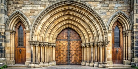 Fototapeta premium Entrance to a historic church with ornate doors and stone archway, church, entrance, doorway, historic, architecture, building