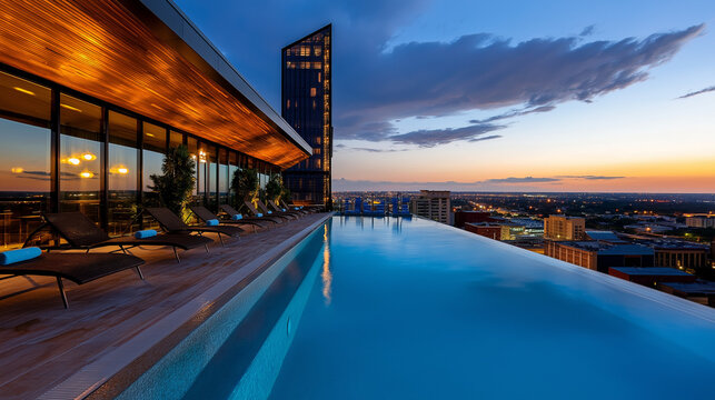 Fototapeta A hotel rooftop pool with panoramic city views