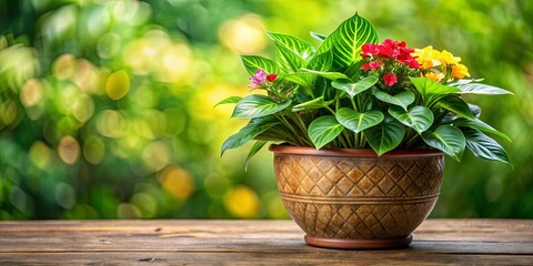 Lush green plant with vibrant leaves and blooming flowers in a decorative pot, plant, pot, leaf, flower, green, lush