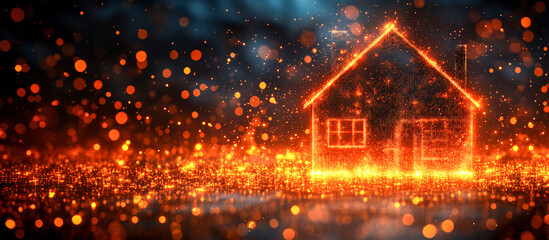 Obraz premium Abstract glowing house symbol emerging from shiny sparkling particles on a dark background