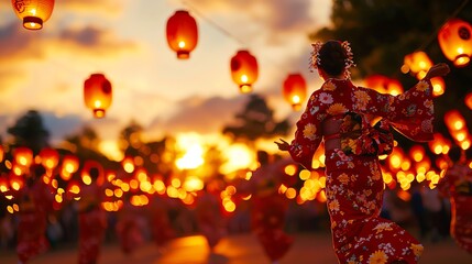 A Japanese Bon Odori dance festival in the evening, with dancers in traditional attire moving gracefully under lanternlit skies, photorealistic, soft lighting, warm hues