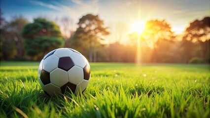 Fototapeta premium Soccer ball on green grass field , sports equipment, round, leather, traditional, sport, soccer game, football, recreation