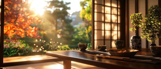 A Japanese family enjoying a meal in a contemporary dining room with elements of traditional design, such as tatami flooring and low wooden furniture, photorealistic, warm colors