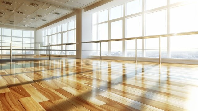 Serene Solitude: Sunlight Bathes an Empty Dance Studio, Barre and Mirrors Reflecting Warmth, Polished Floor Glowing with Tranquility