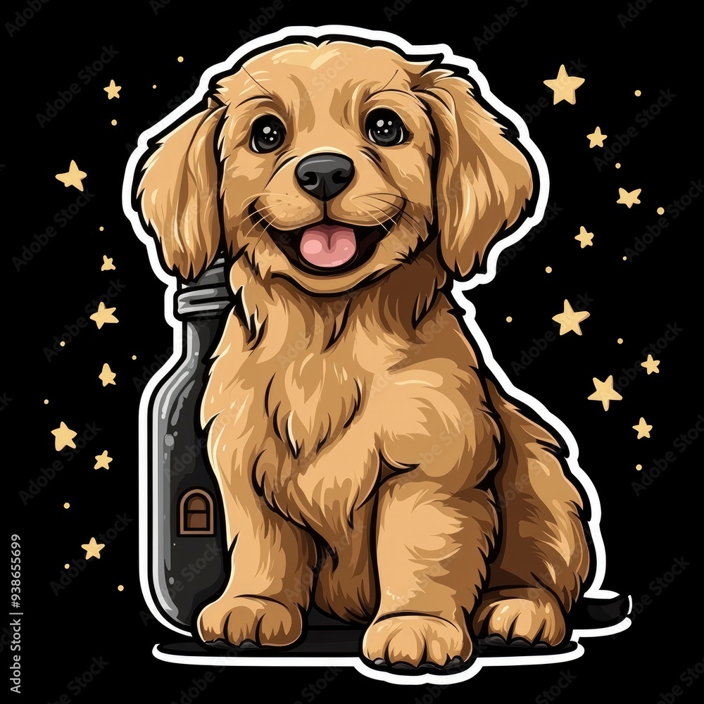 Sticker adorable golden retriever puppy with stars