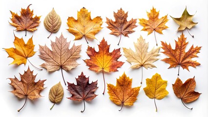 Collection of dried autumn tree leaves on white background for seasonal designs, autumn, fall, leaves, foliage