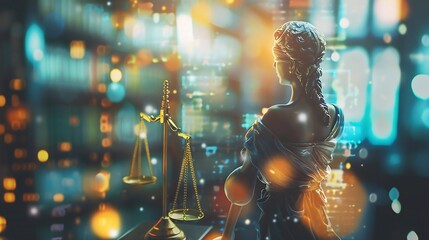 Lady Justice Statue with Scales of Justice Against a Bokeh Background