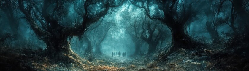 Dark forest with twisted trees and shadowy figures,