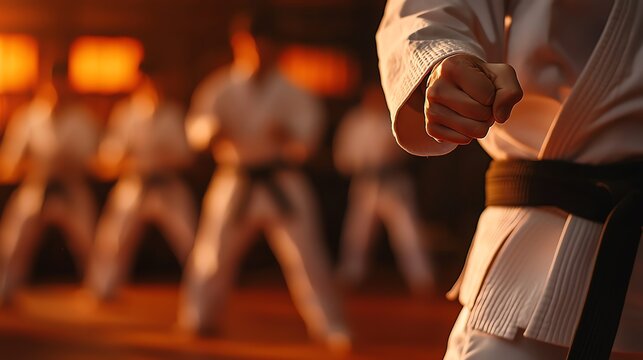 A group of Japanese students practicing martial arts in a dojo, embodying discipline and respect, in traditional attire, high contrast, sharp focus