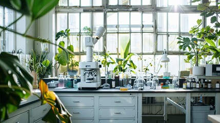 Fototapeta premium Serene Science Lab: Unoccupied Educational Space with Sunlight Illuminating Instruments, Reflecting the Calm of Scientific Inquiry and Discovery