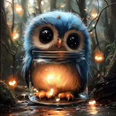 Cute Owl in a Jar with Fireflies
