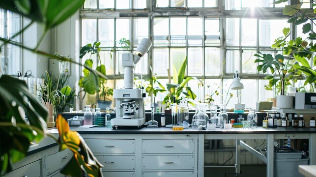 Serene Science Lab: Unoccupied Educational Space with Sunlight Illuminating Instruments, Reflecting the Calm of Scientific Inquiry and Discovery