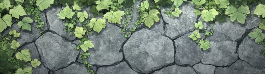 Lush Ivy on Weathered Stone Wall, vibrant green ivy enveloping an aged stone surface, creating a serene and timeless backdrop, perfect for minimalist design and tranquil atmospheres